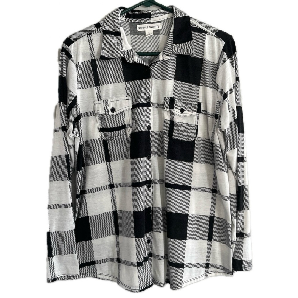 New York Laundry Women Button Down Long Sleeve Shirt Black White Plaid Large